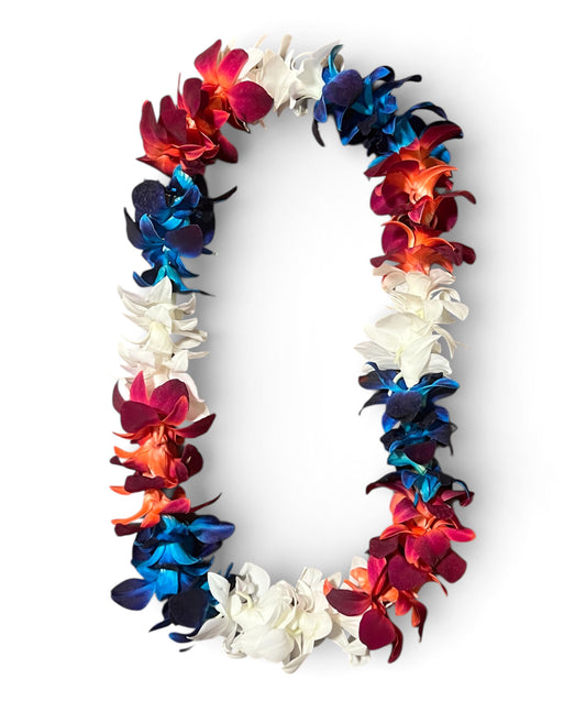 PREBOOK - U.S.A PATRIOTIC Red White & Blue S-LEI ( SINGLE LEI ) Dendrobium Orchid Fresh Cut Flowers